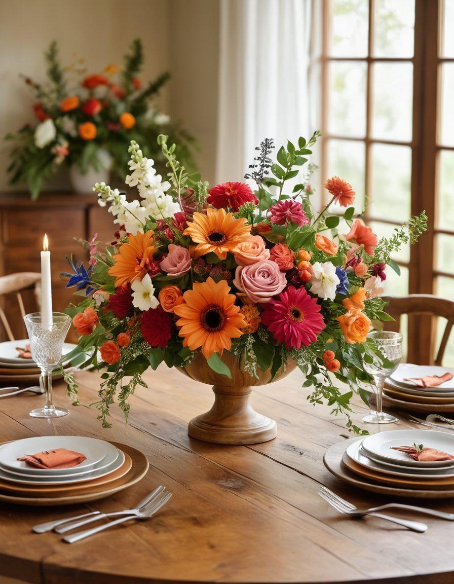 A beautifully arranged floral centerpiece, featuring an array of seasonal blooms in vibrant colors, surrounded by delicate bouquets. The setting is an elegantly set dining table with soft, warm lighting. Incorporate elements of nature like fresh greenery and rustic wooden accents for a wholesome feel. The backdrop showcases a dreamy garden scene to evoke a sense of seasonal charm. super-realistic. vibrant colors. warm tones.