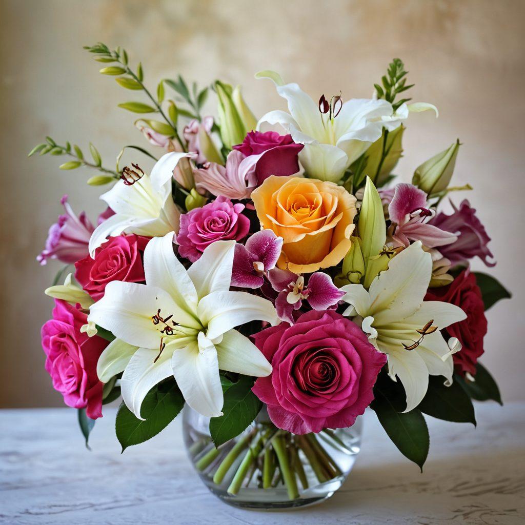 A beautifully arranged bouquet showcasing a variety of flowers such as roses, lilies, and orchids, set against a soft, blurred background to emphasize their elegance. Include delicate hands gently arranging the flowers, capturing the artistry involved in floral design. Subtle hints of color swirls in the background to convey a sense of creativity and celebration. The overall composition should evoke feelings of grace and sophistication. super-realistic. vibrant colors. soft background.