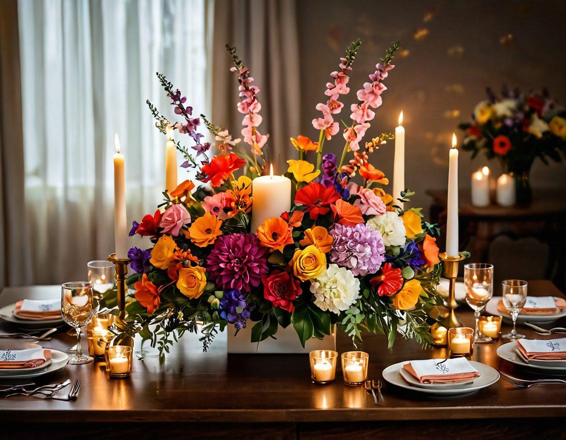 A beautifully arranged table highlighting unique floral creations for various celebrations, featuring vibrant bouquets, colorful petals, and intricate floral designs. Surrounding the arrangements are small gift boxes and candles, creating a warm, inviting atmosphere. The scene captures the essence of joy and celebration, with soft lighting and natural elements accentuating the flowers' beauty. Illustration style: super-realistic, vibrant colors, soft focus.